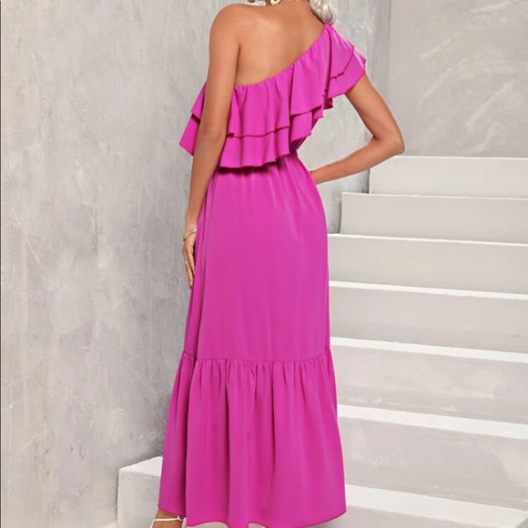 Boho pink ruffle hem one  shoulder ruffle dress - Picture 5 of 6